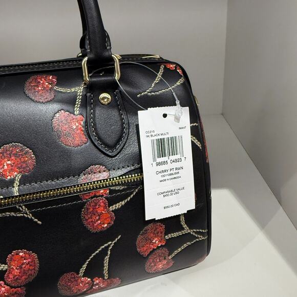 Coach CCZ15 Rowan Satchel Bag in Leather with Cherry Print Black Multi NWT - Picture 4 of 8